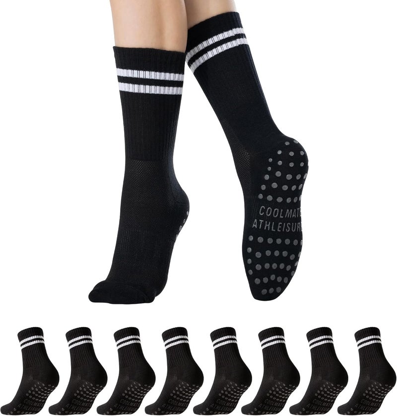 CoolMate Store 2/4 Pairs Pilates Socks with Grips for Women, Yoga Socks, Crew Non Slip Women for Workout, Barre, Pilates Gifts (4 Pairs Crew Black) - Image 1